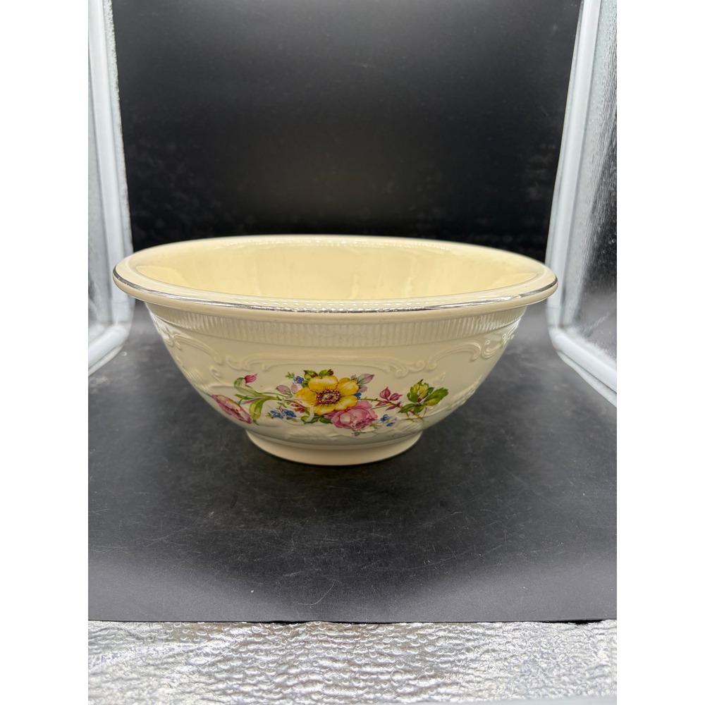 Homer Laughlin Vintage Cream Floral Mixing Bowl Embossed Scroll Silver Trim USA